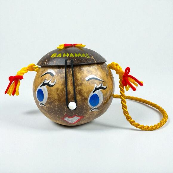 Vintage Kitschy Bahamas Coconut Purse Bank Tiki Folk Art Souvenir Novelty Bag - Picture 9 of 9